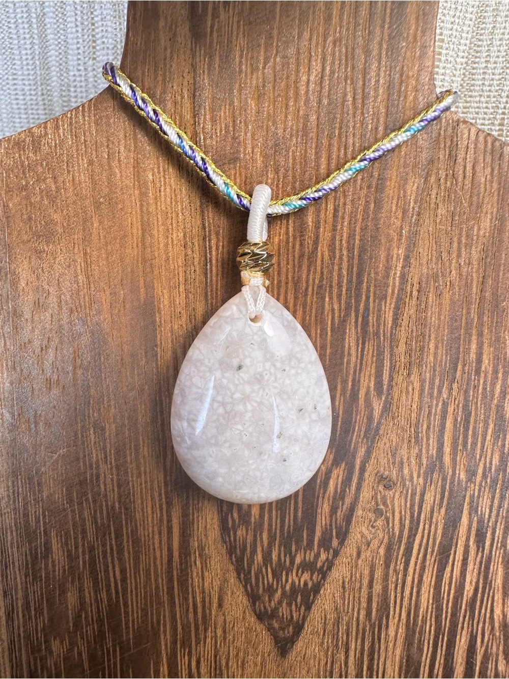 White Coral Fossil Teardrop Pendant Necklace on Blue and Gold Rope - Picture 10 of 13